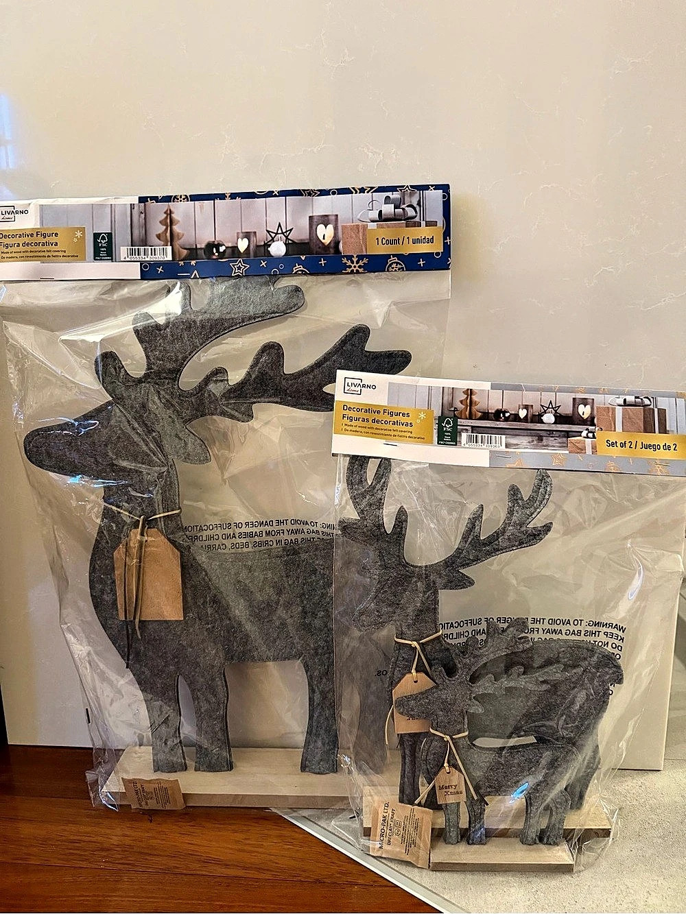 Livarno Christmas Reindeer Decor Set of 3 Gray Felt Wood NWT Holiday Rustic